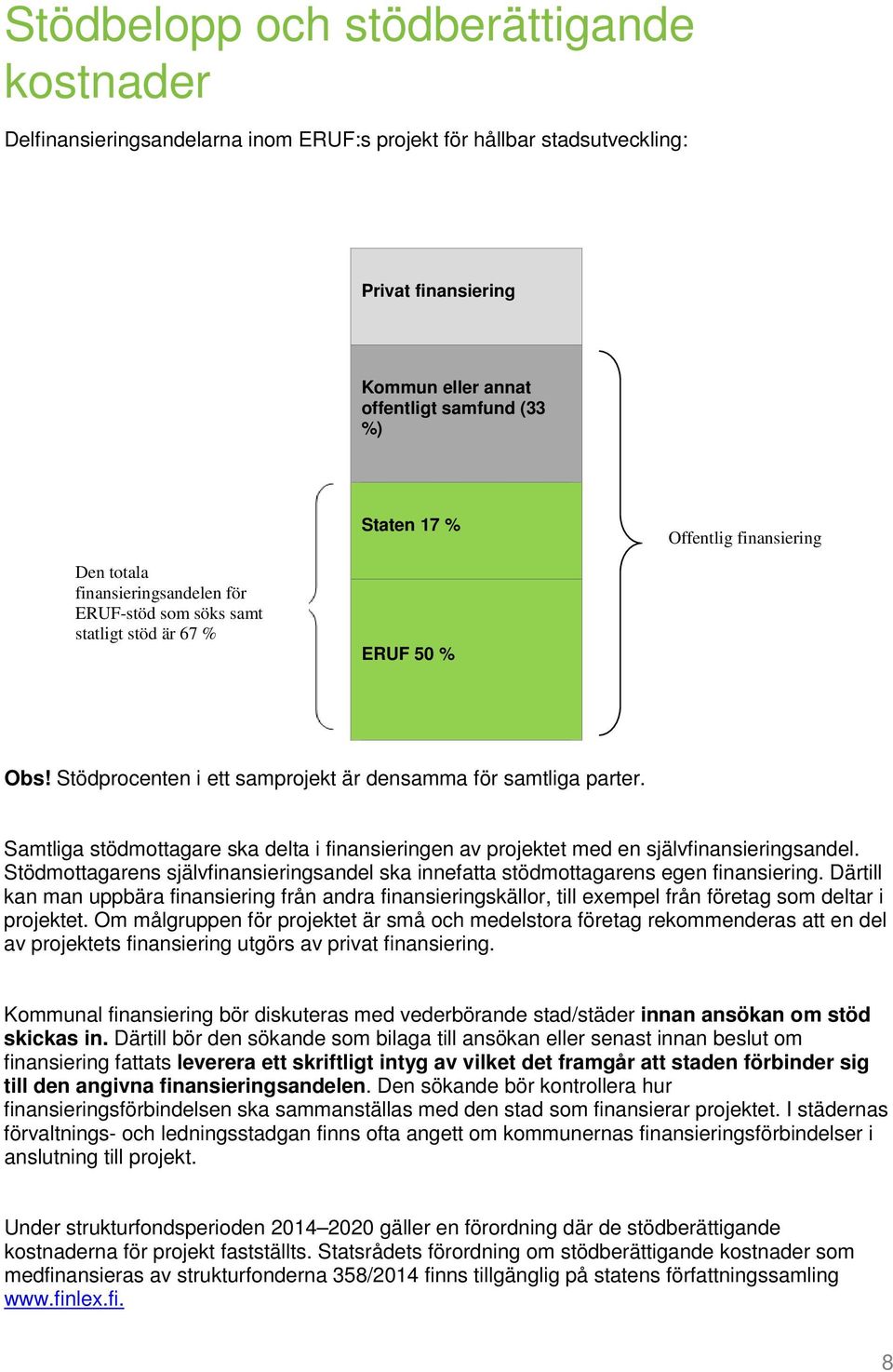 Samtliga stödmottagare ska delta i finansieringen av projektet med en självfinansieringsandel. Stödmottagarens självfinansieringsandel ska innefatta stödmottagarens egen finansiering.