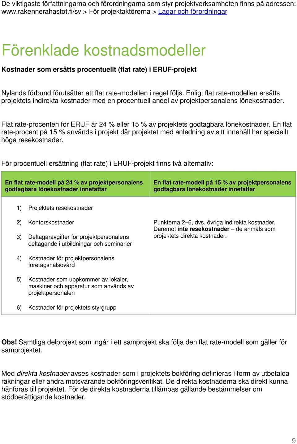 regel följs. Enligt flat rate-modellen ersätts projektets indirekta kostnader med en procentuell andel av projektpersonalens lönekostnader.
