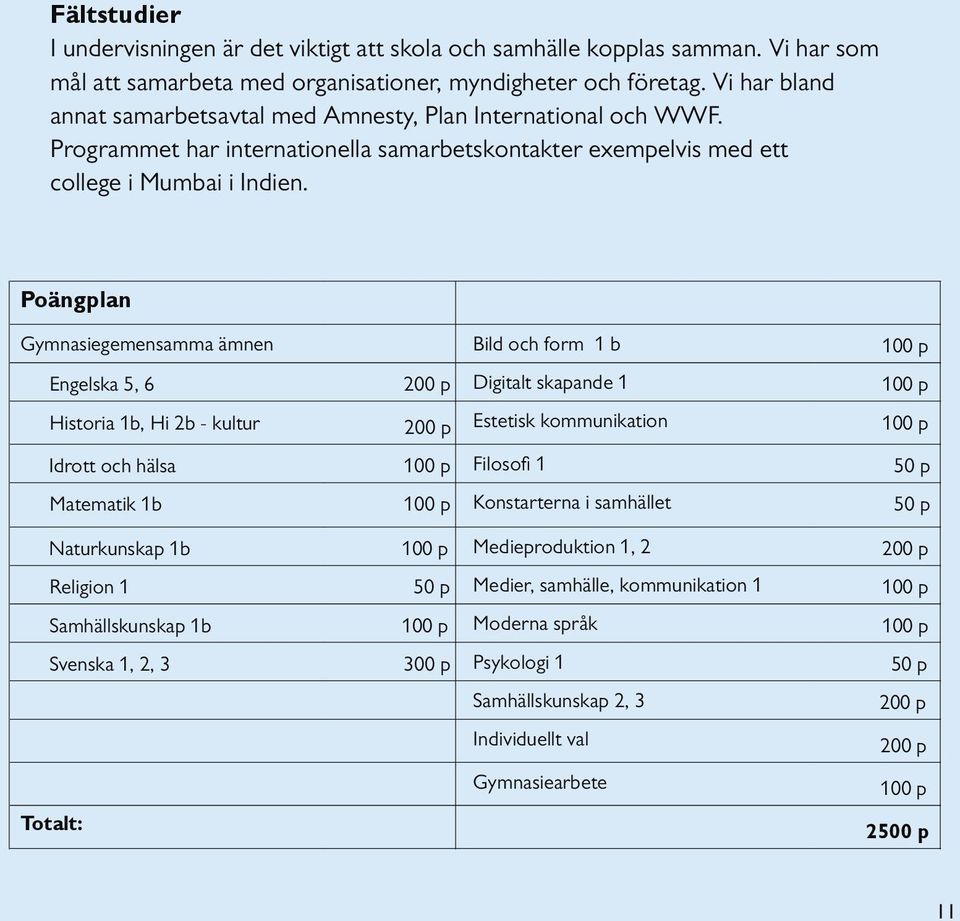 Poängplan Gymnasiegemensamma ämnen Bild och form 1 b 100 p Engelska 5, 6 200 p Digitalt skapande 1 100 p Historia 1b, Hi 2b - kultur 200 p Estetisk kommunikation 100 p Idrott och hälsa 100 p Filosofi