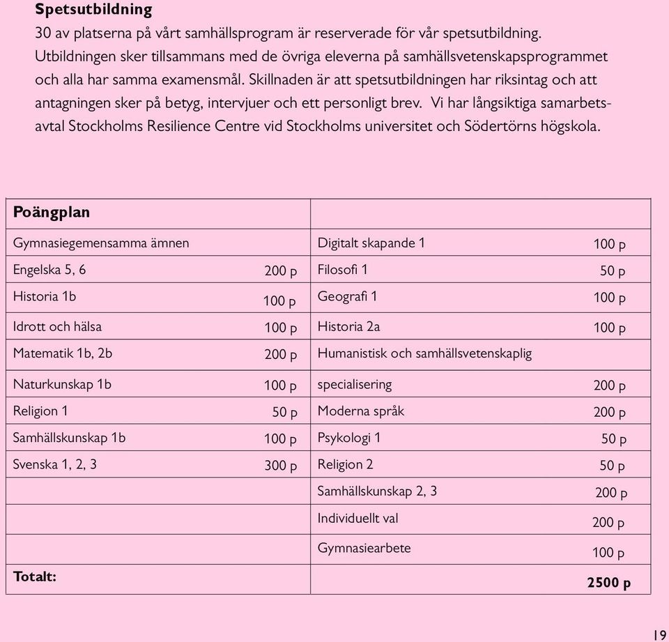 Skillnaden är att spetsutbildningen har riksintag och att antagningen sker på betyg, intervjuer och ett personligt brev.