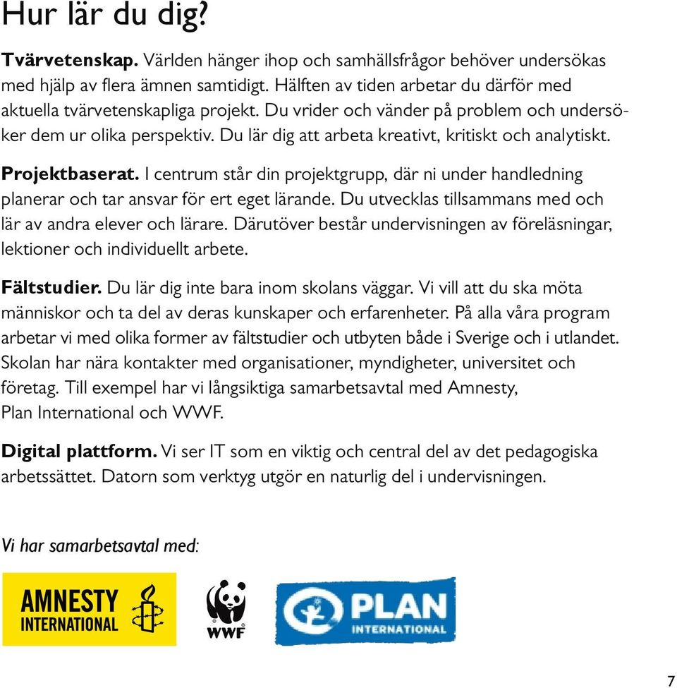 I centrum står din projektgrupp, där ni under handledning planerar och tar ansvar för ert eget lärande. Du utvecklas tillsammans med och lär av andra elever och lärare.