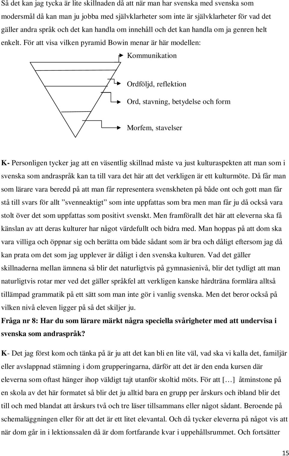 För att visa vilken pyramid Bowin menar är här modellen: Kommunikation Ordföljd, reflektion Ord, stavning, betydelse och form Morfem, stavelser K- Personligen tycker jag att en väsentlig skillnad