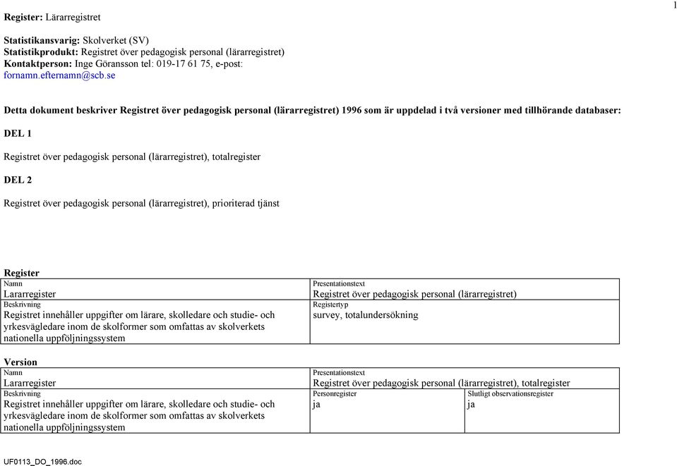 se Detta dokument beskriver Registret över pedagogisk personal (lärarregistret) 1996 som är uppdelad i två versioner med tillhörande databaser: DEL 1 Registret över pedagogisk personal