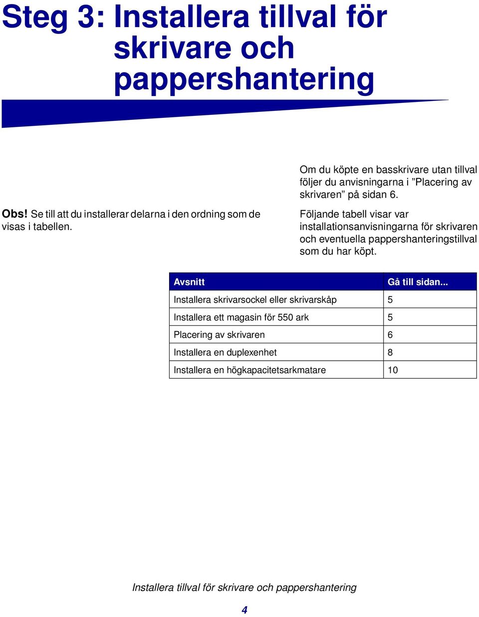 Följande tabell visar var installationsanvisningarna för skrivaren och eventuella pappershanteringstillval som du har köpt. Avsnitt Gå till sidan.