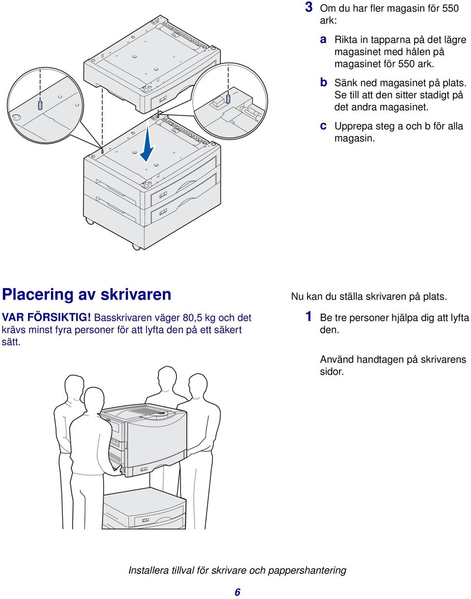 Placering av skrivaren VAR FÖRSIKTIG! Basskrivaren väger 80,5 kg och det krävs minst fyra personer för att lyfta den på ett säkert sätt.