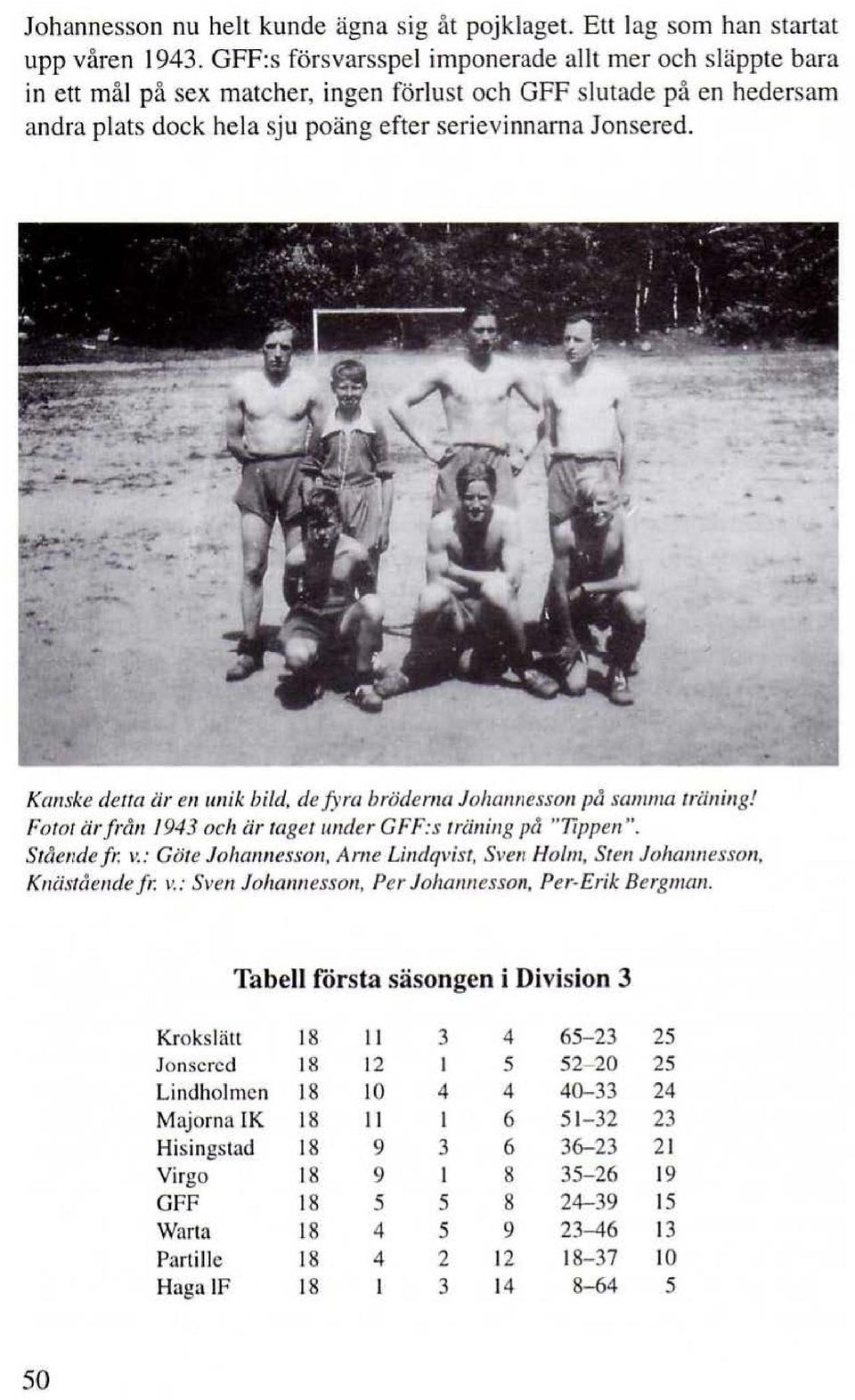 Kanske derra är en 1111ik bild, de fyra bröderna Johan11esson pusamma träning! Fotot ärfråll. 1943 och är taget tmder G F F: s träning på "Ttppen". Stående fr. v.