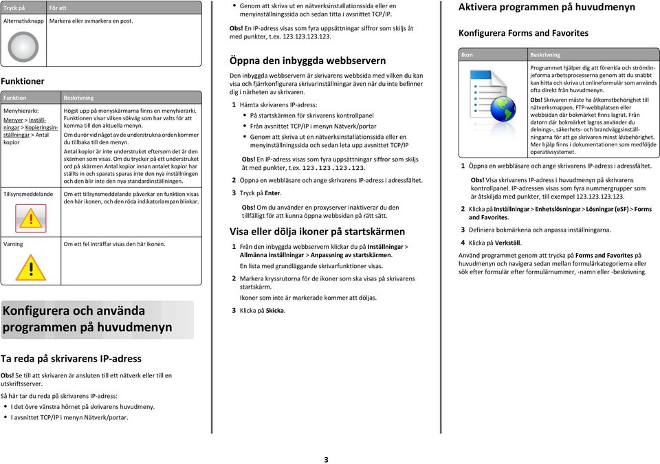 3.3.3. Aktivera programmen på huvudmenyn Konfigurera Forms and Favorites Funktioner Funktion Menyhierarki: Menyer > Inställningar > Kopieringsinställningar > Antal kopior Tillsynsmeddelande Varning