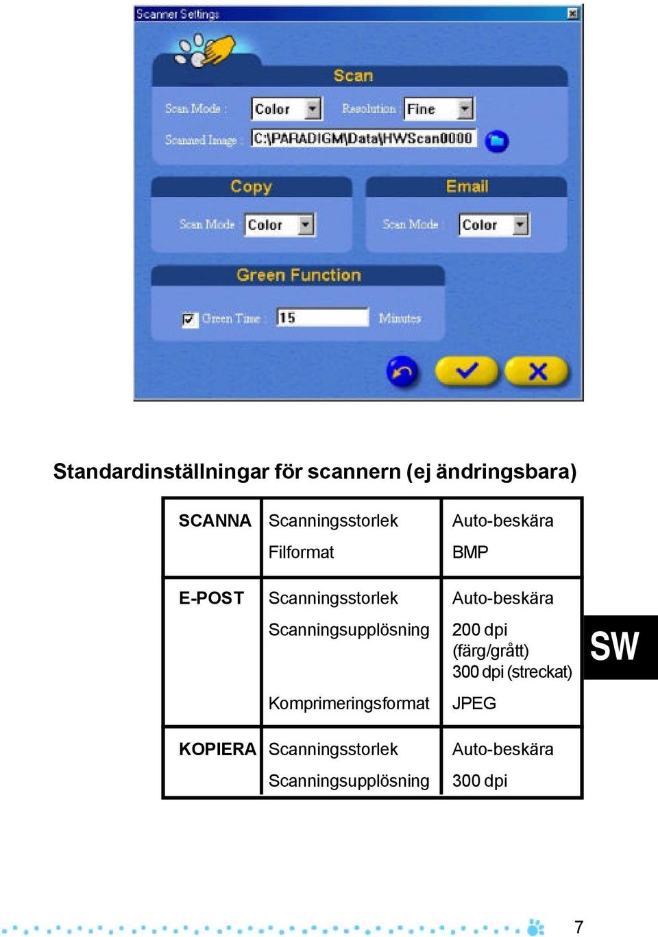 Auto-beskära Scanningsupplösning Komprimeringsformat 200 dpi (färg/grått)