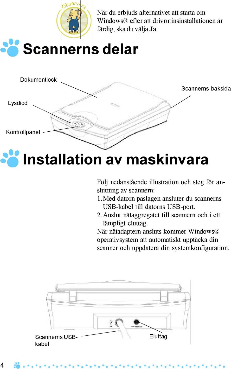 scannern: 1.Med datorn påslagen ansluter du scannerns USB-kabel till datorns USB-port. 2.