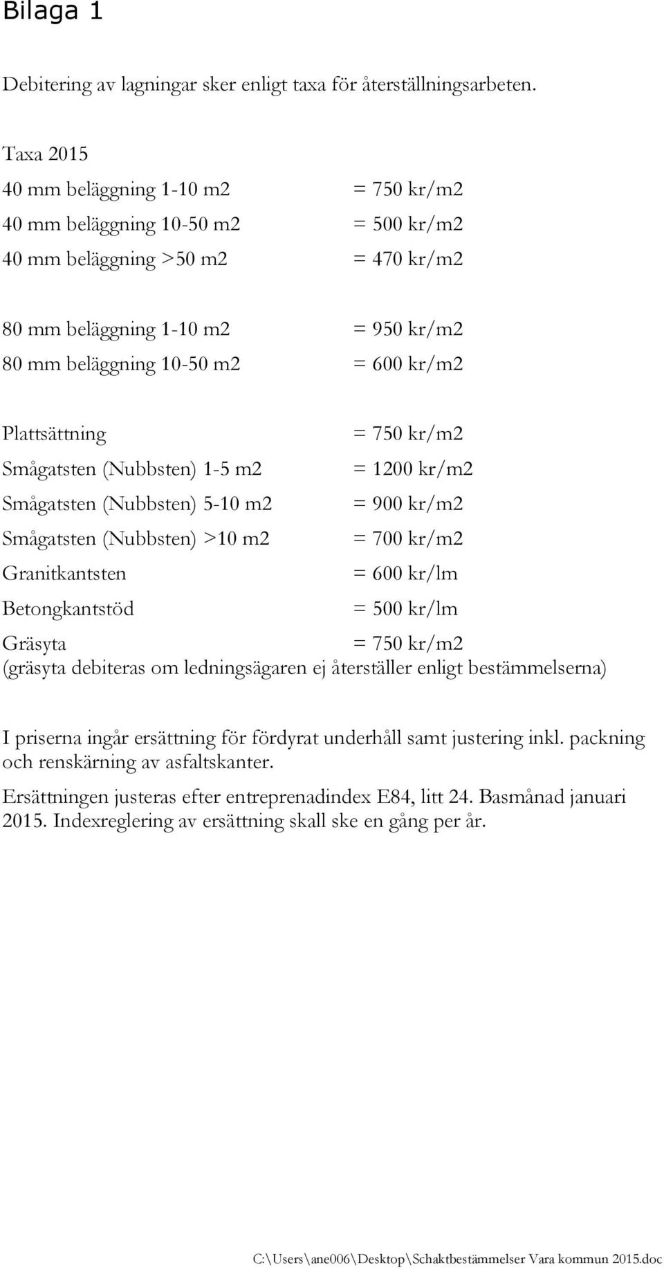 Plattsättning = 750 kr/m2 Smågatsten (Nubbsten) 1-5 m2 = 1200 kr/m2 Smågatsten (Nubbsten) 5-10 m2 = 900 kr/m2 Smågatsten (Nubbsten) >10 m2 = 700 kr/m2 Granitkantsten = 600 kr/lm Betongkantstöd = 500