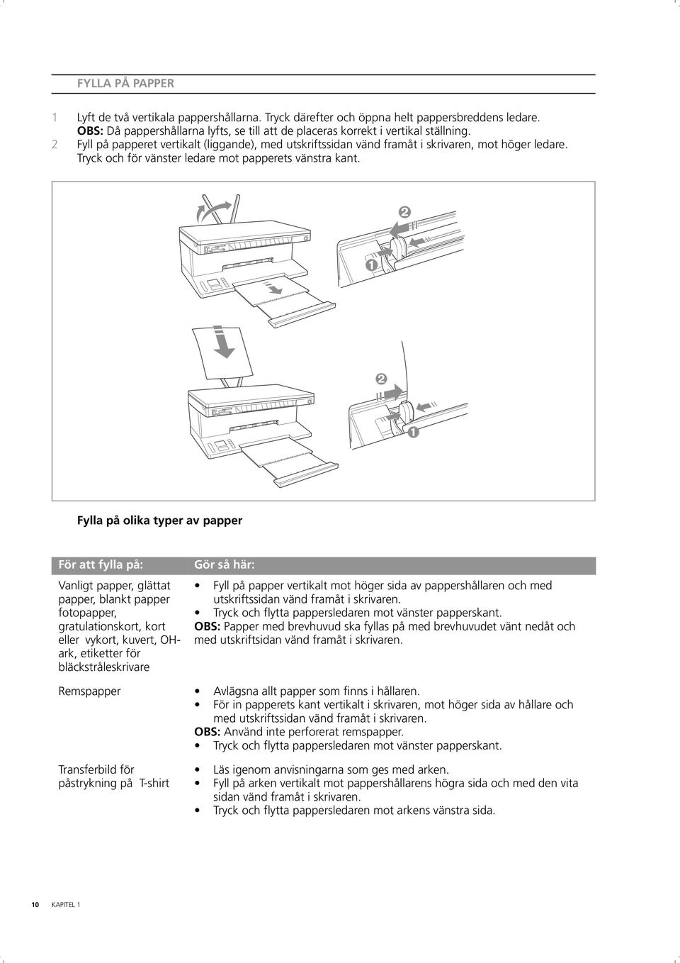 Fylla på olika typer av papper För att fylla på: Vanligt papper, glättat papper, blankt papper fotopapper, gratulationskort, kort eller vykort, kuvert, OHark, etiketter för bläckstråleskrivare Gör så