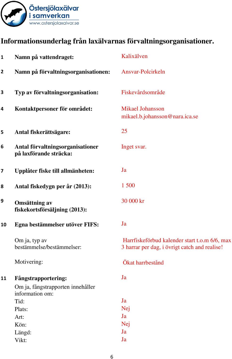 johansson@nara.ica.se 5 Antal fiskerättsägare: 25 6 Antal förvaltningsorganisationer på laxförande sträcka: Inget svar.