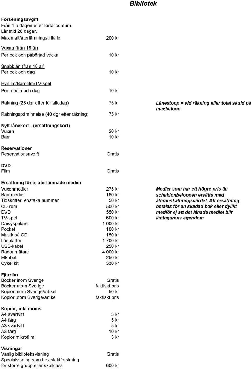 efter förfallodag) 75 kr Lånestopp = vid räkning eller total skuld på maxbelopp Räkningspåminnelse (40 dgr efter räkning) 75 kr Nytt lånekort - (ersättningskort) Vuxen Barn Reservationer