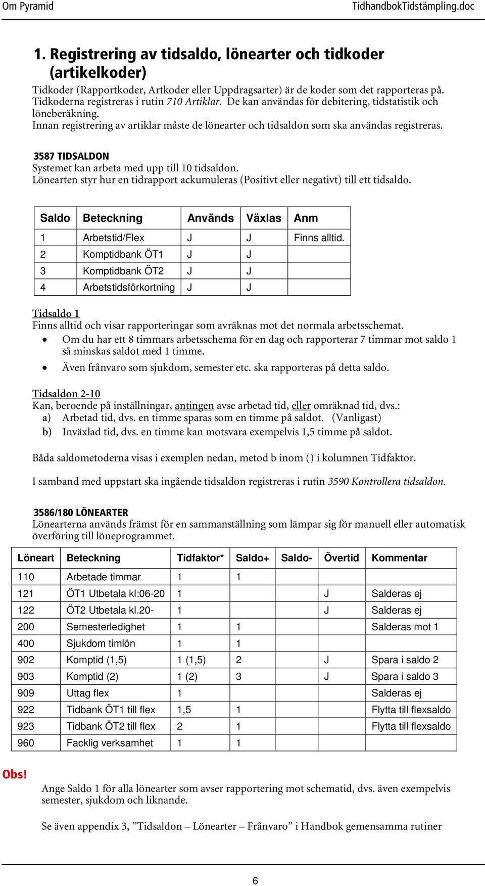 Innan registrering av artiklar måste de lönearter och tidsaldon som ska användas registreras. 3587 TIDSALDON Systemet kan arbeta med upp till 10 tidsaldon.