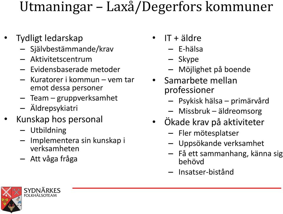 verksamheten Att våga fråga IT + äldre E-hälsa Skype Möjlighet på boende Samarbete mellan professioner Psykisk hälsa primärvård