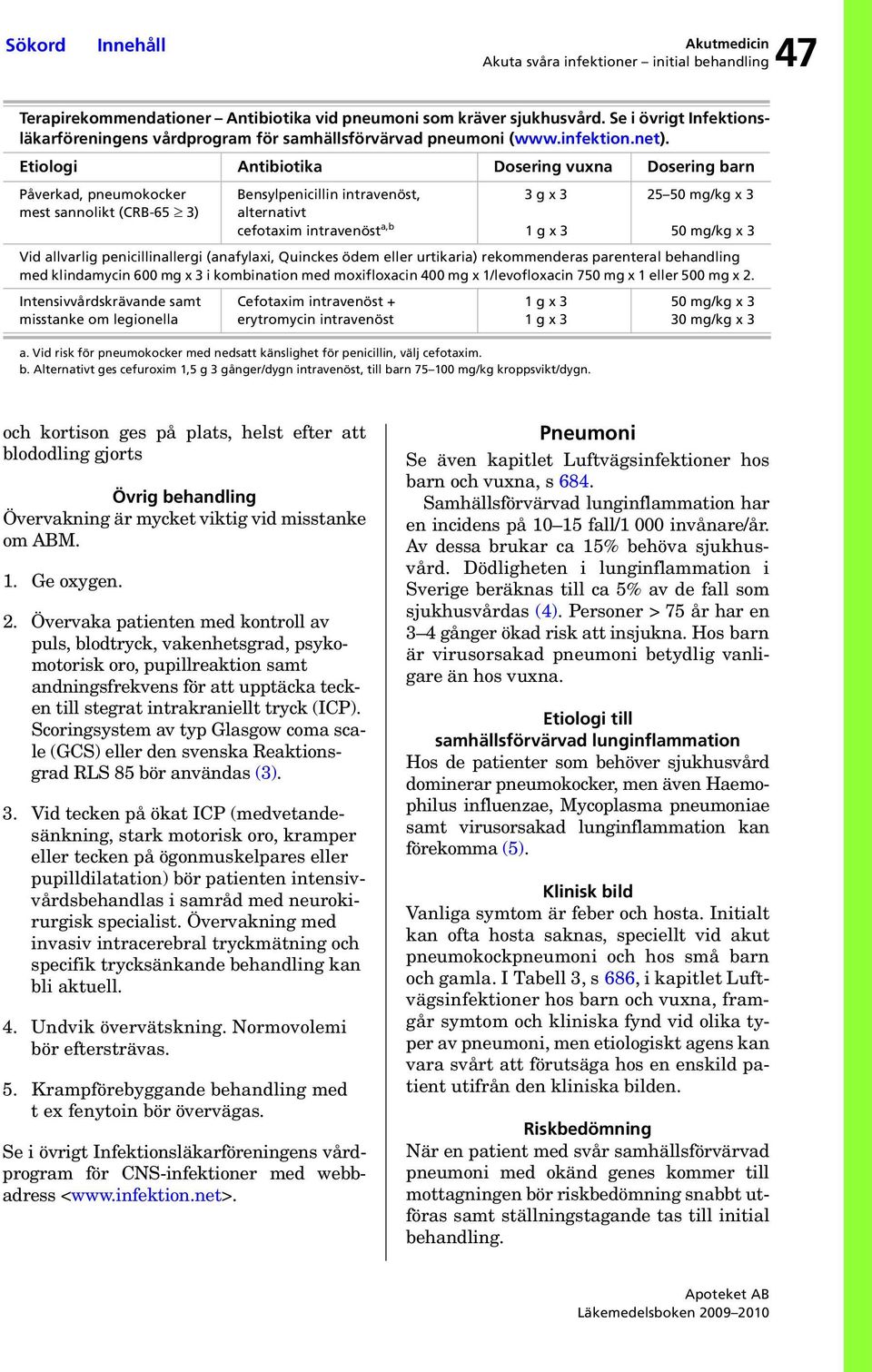 Etiologi Antibiotika Dosering vuxna Dosering barn Påverkad, pneumokocker mest sannolikt (CRB-65 3) Bensylpenicillin intravenöst, alternativt cefotaxim intravenöst a,b 3 g x 3 1 g x 3 a.