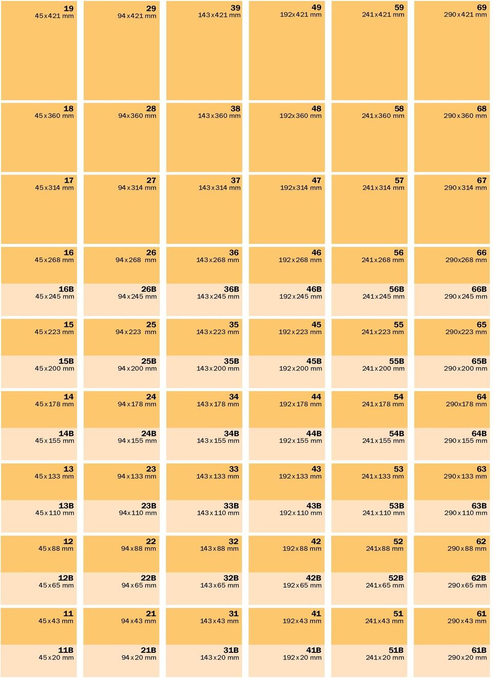 mm 36B 143 x 245 mm 46B 192 x 245 mm 56B 241 x 245 mm 66B 290 x 245 mm 15 45 x 223 mm 25 94 x 223 mm 35 143 x 223 mm 45 192 x 223 mm 55 241 x 223 mm 65 290x223 mm 15B 45 x 200 mm 25B 94 x 200 mm 35B