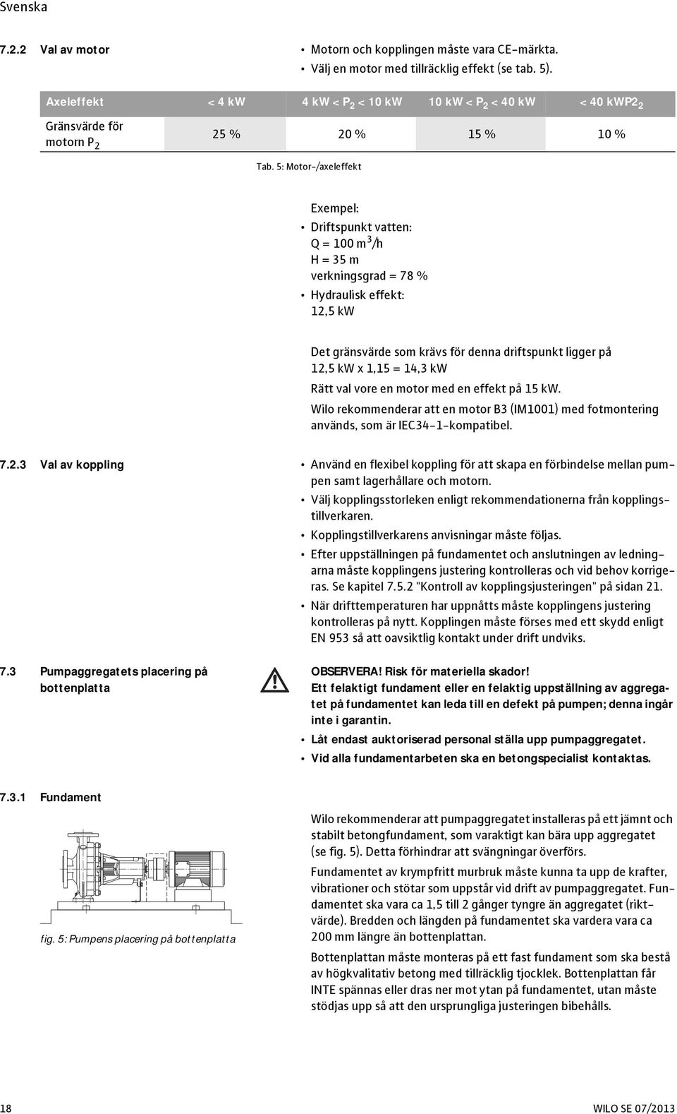 5: Motor-/axeleffekt Exempel: Driftspunkt vatten: Q = 100 m 3 /h H = 35 m verkningsgrad = 78 % Hydraulisk effekt: 12,5 kw Det gränsvärde som krävs för denna driftspunkt ligger på 12,5 kw x 1,15 =