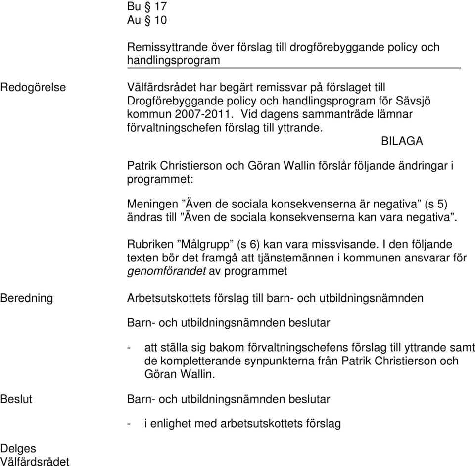 BILAGA Patrik Christierson och Göran Wallin förslår följande ändringar i programmet: Meningen Även de sociala konsekvenserna är negativa (s 5) ändras till Även de sociala konsekvenserna kan vara