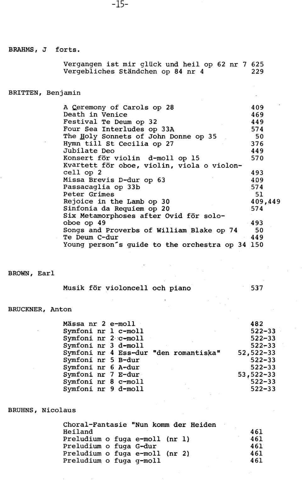 Interludes op 33A 574 The Holy Sonnets of John Donne op 35 50 Hymn till St Cecilia op 27 376 Jubilate Deo 449 Konsert för violin d-moll op 15 57 O Kvartett för oboe, violin, viola o violoncell op 2