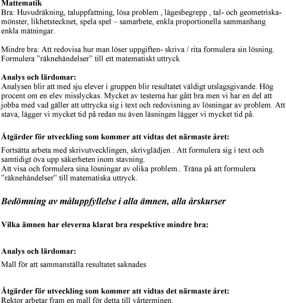 Formulera räknehändelser till ett matematiskt uttryck Analys och lärdomar: Analysen blir att med sju elever i gruppen blir resultatet väldigt utslagsgivande. Hög procent om en elev misslyckas.