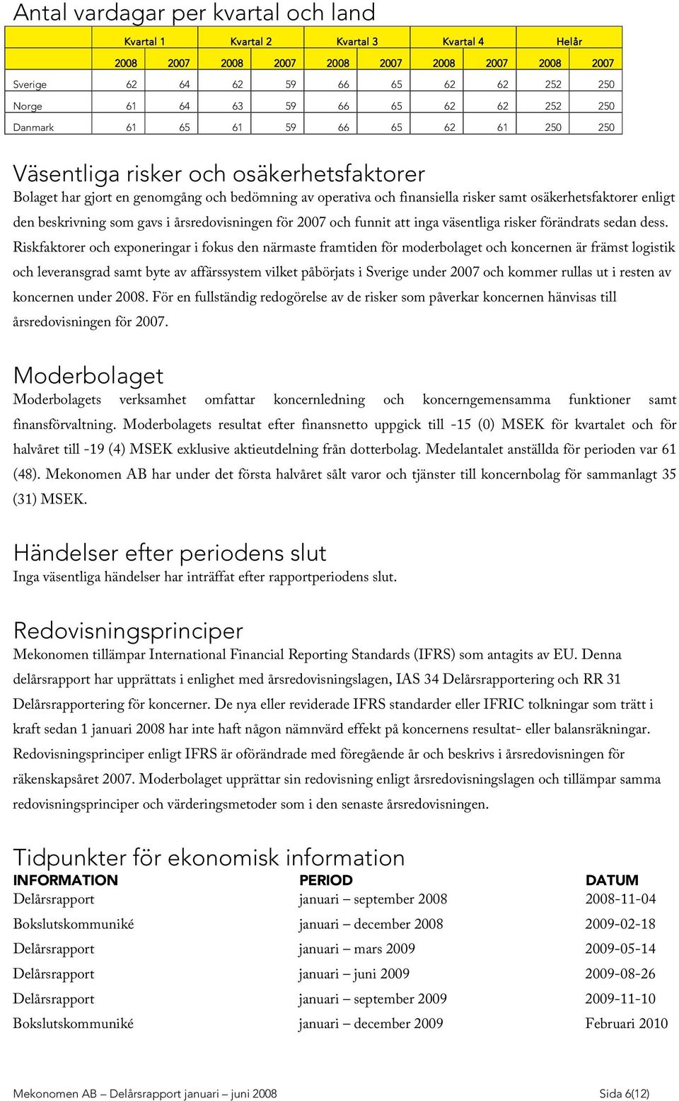osäkerhetsfaktorer enligt den beskrivning som gavs i årsredovisningen för 2007 och funnit att inga väsentliga risker förändrats sedan dess.