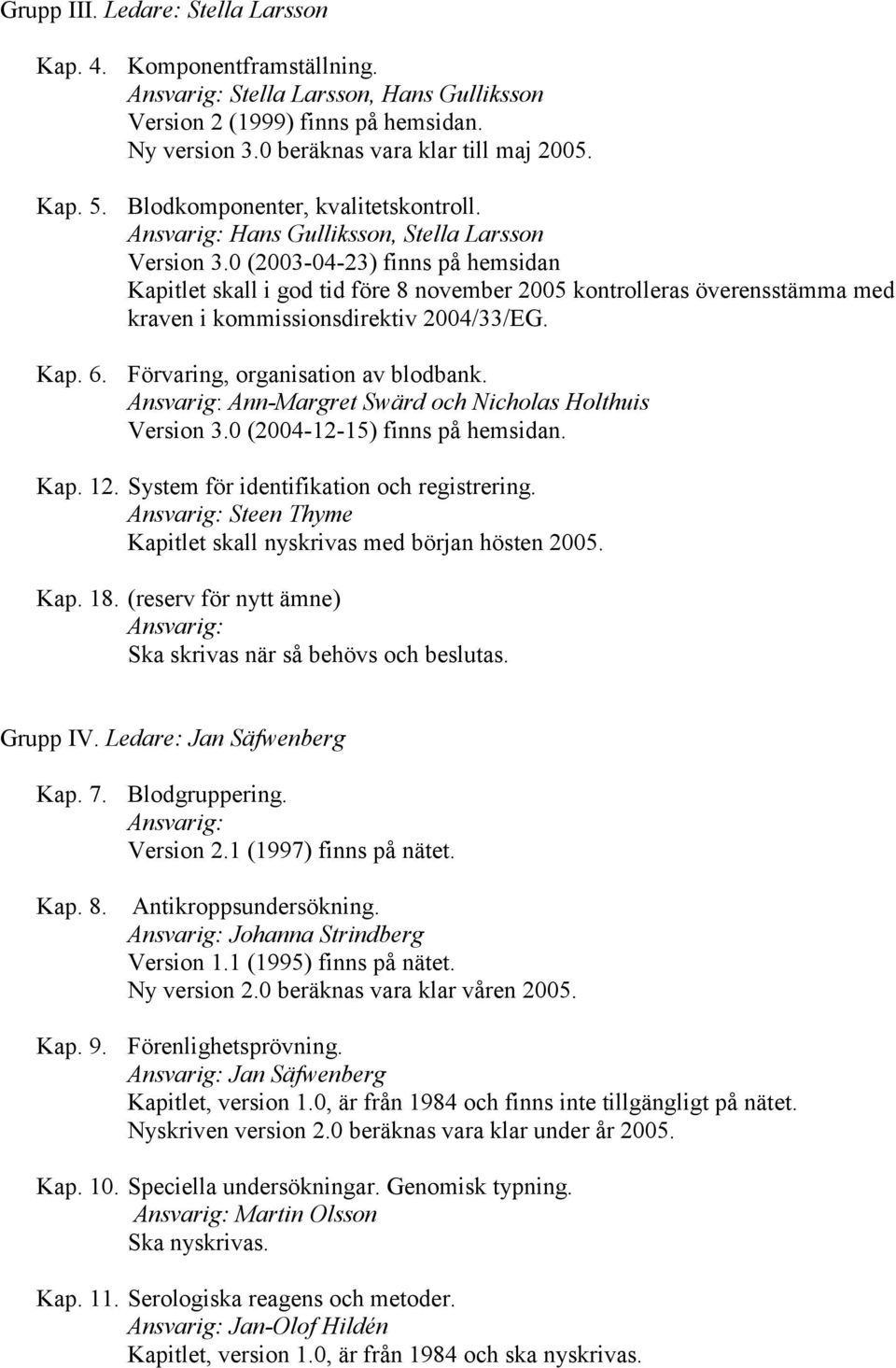 0 (2003-04-23) finns på hemsidan Kapitlet skall i god tid före 8 november 2005 kontrolleras överensstämma med kraven i kommissionsdirektiv 2004/33/EG. Förvaring, organisation av blodbank.
