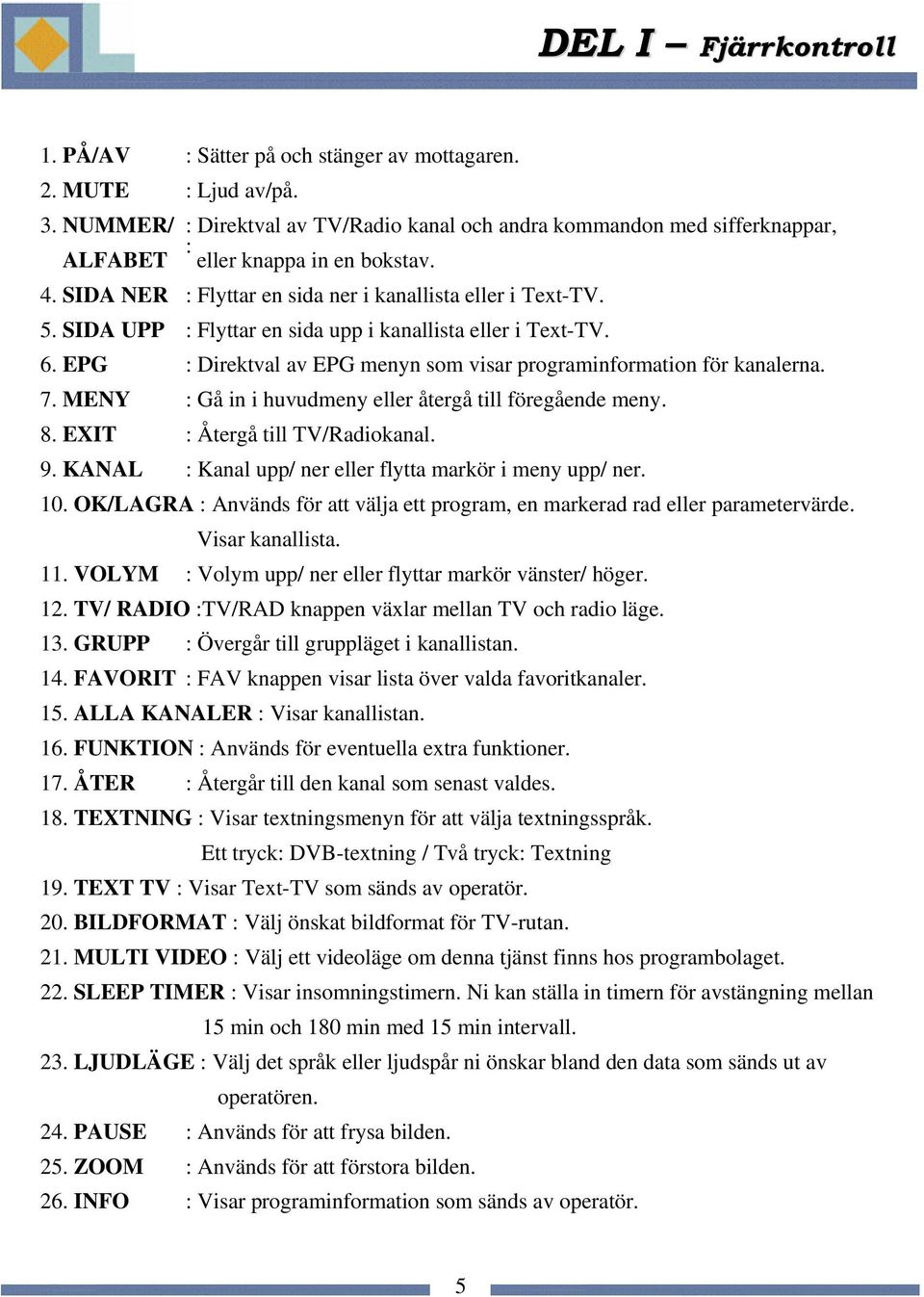 SIDA UPP : Flyttar en sida upp i kanallista eller i Text-TV. 6. EPG : Direktval av EPG menyn som visar programinformation för kanalerna. 7. MENY : Gå in i huvudmeny eller återgå till föregående meny.