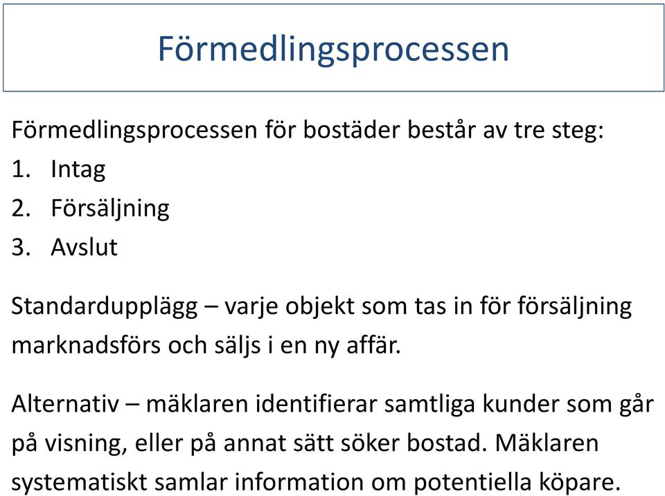 Avslut Standardupplägg varje objekt som tas in för försäljning marknadsförs och säljs i en