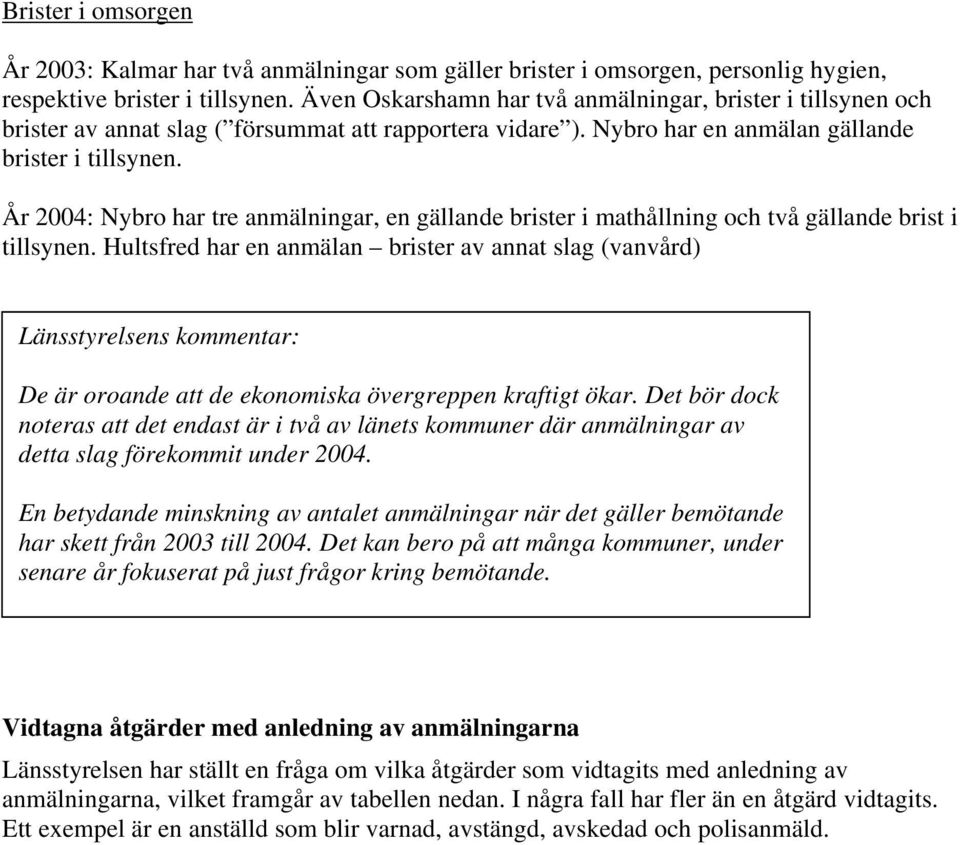 År 2004: Nybro har tre anmälningar, en gällande brister i mathållning och två gällande brist i tillsynen.