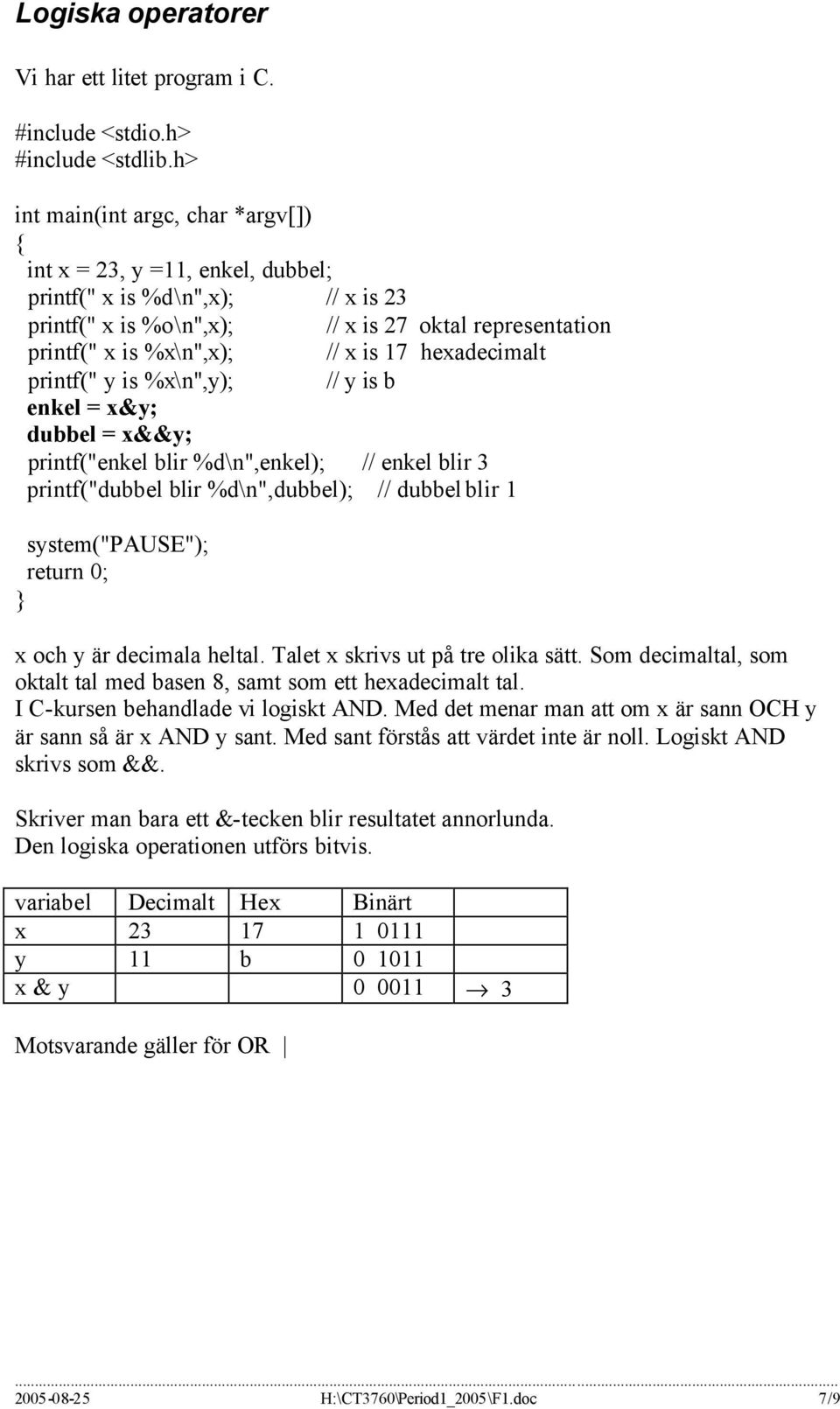 hexadecimalt printf(" y is %x\n",y); // y is b enkel = x&y; dubbel = x&&y; printf("enkel blir %d\n",enkel); // enkel blir 3 printf("dubbel blir %d\n",dubbel); // dubbel blir 1 system("pause"); return