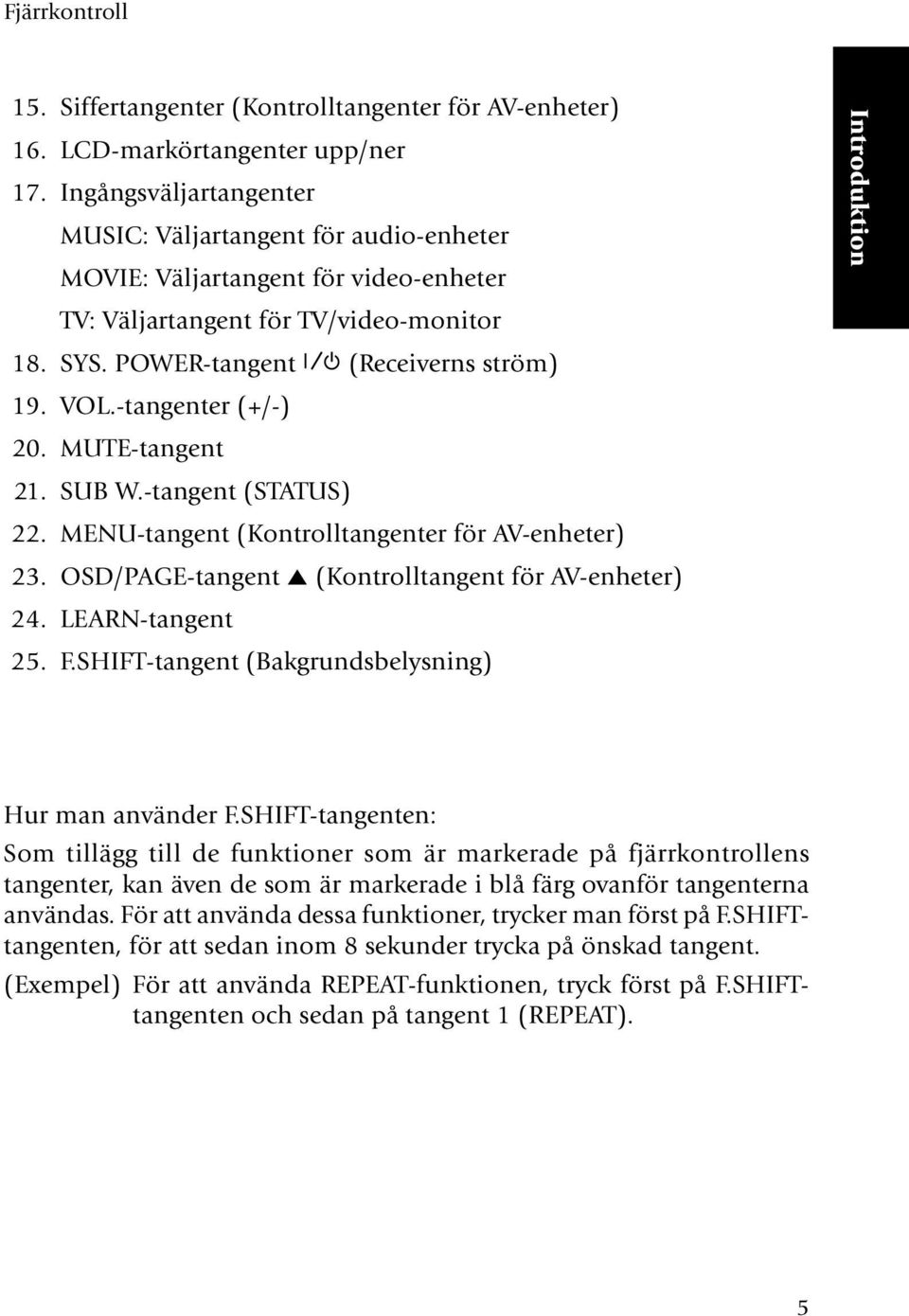 -tangenter (+/-) 20. MUTE-tangent 21. SUB W.-tangent (STATUS) 22. MENU-tangent (Kontrolltangenter för AV-enheter) 23. OSD/PAGE-tangent 5 (Kontrolltangent för AV-enheter) 24. LEARN-tangent 25. F.