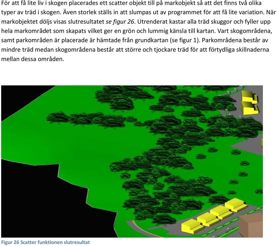 Utrenderat kastar alla träd skuggor och fyller upp hela markområdet som skapats vilket ger en grön och lummig känsla till kartan.