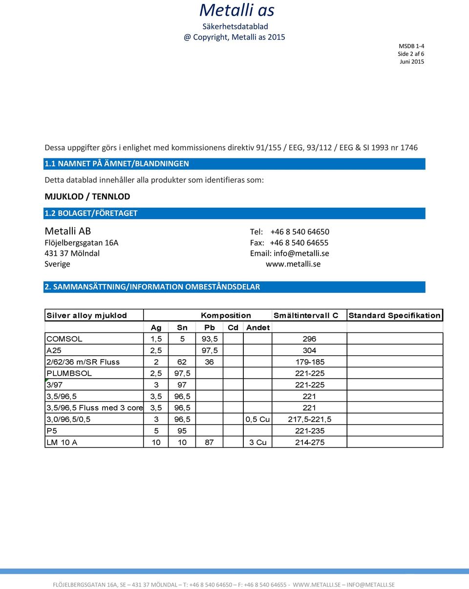 2 BOLAGET/FÖRETAGET Metalli AB Tel: +46 8 540 64650 Flöjelbergsgatan 16A Fax: +46 8 540 64655 431 37 Mölndal Email: info@metalli.se Sverige www.metalli.se 2.