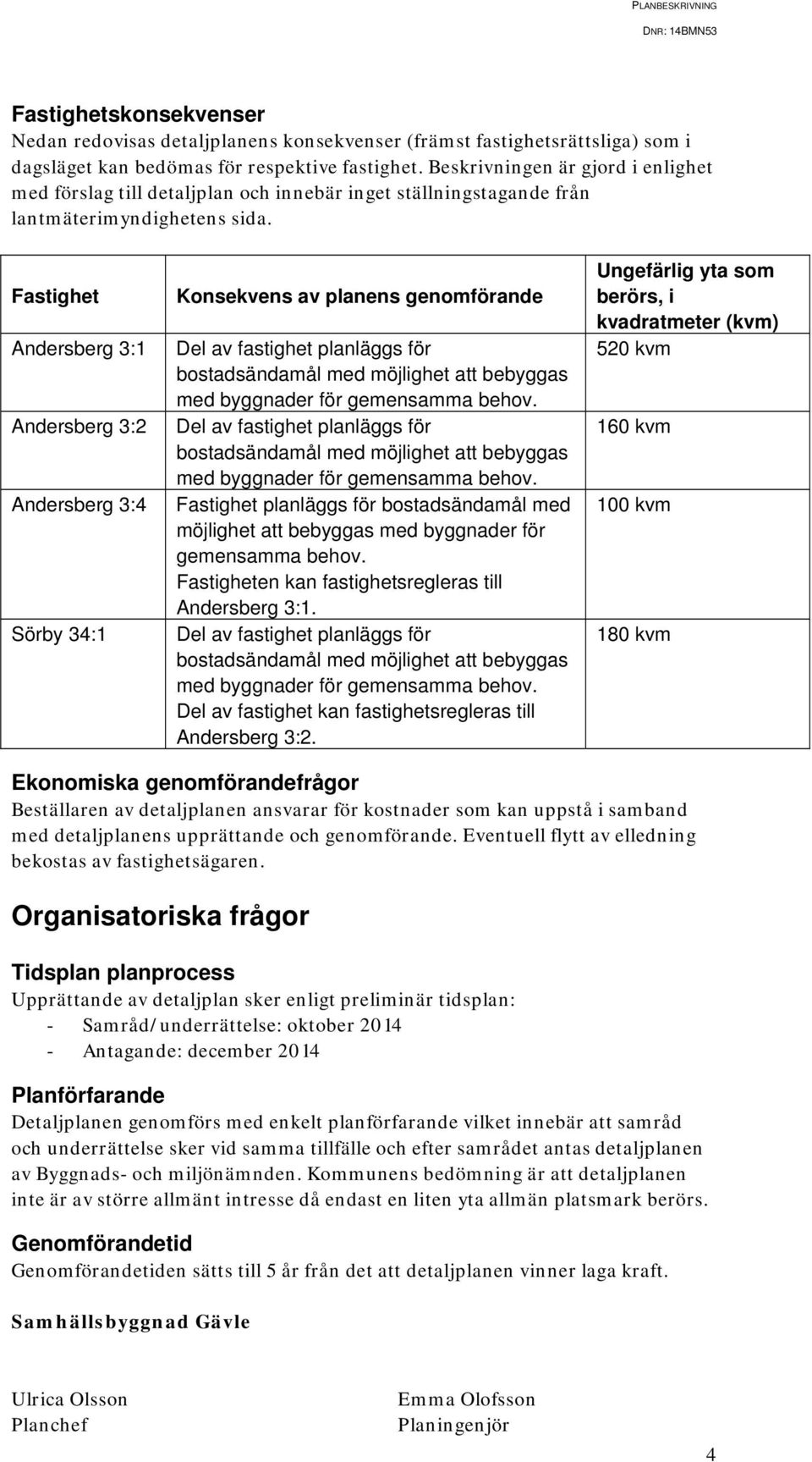 Fastighet Andersberg 3:1 Andersberg 3:2 Andersberg 3:4 Sörby 34:1 Konsekvens av planens genomförande Fastighet planläggs för bostadsändamål med möjlighet att bebyggas med byggnader för gemensamma