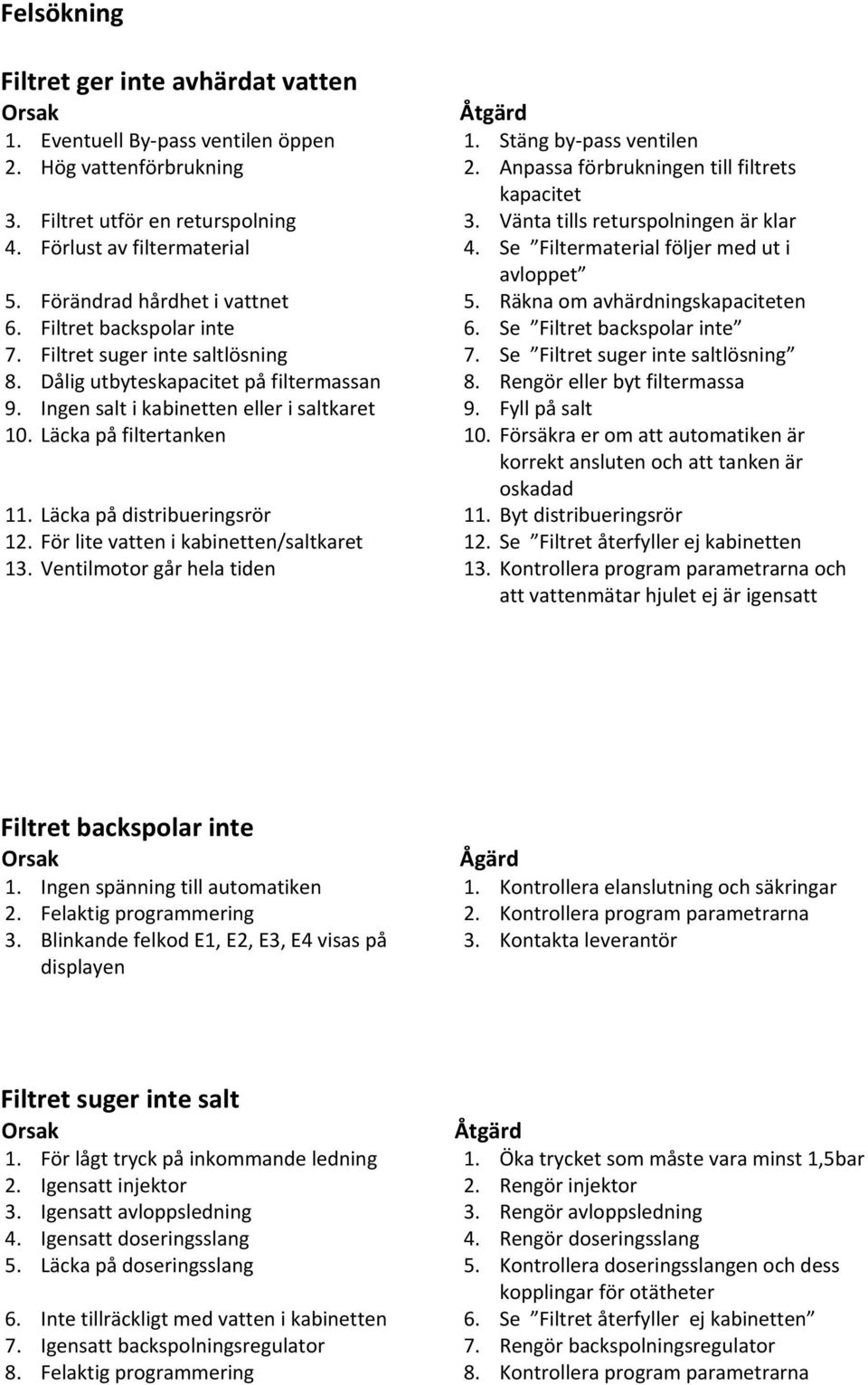 Räkna om avhärdningskapaciteten 6. Filtret backspolar inte 6. Se Filtret backspolar inte 7. Filtret suger inte saltlösning 7. Se Filtret suger inte saltlösning 8.