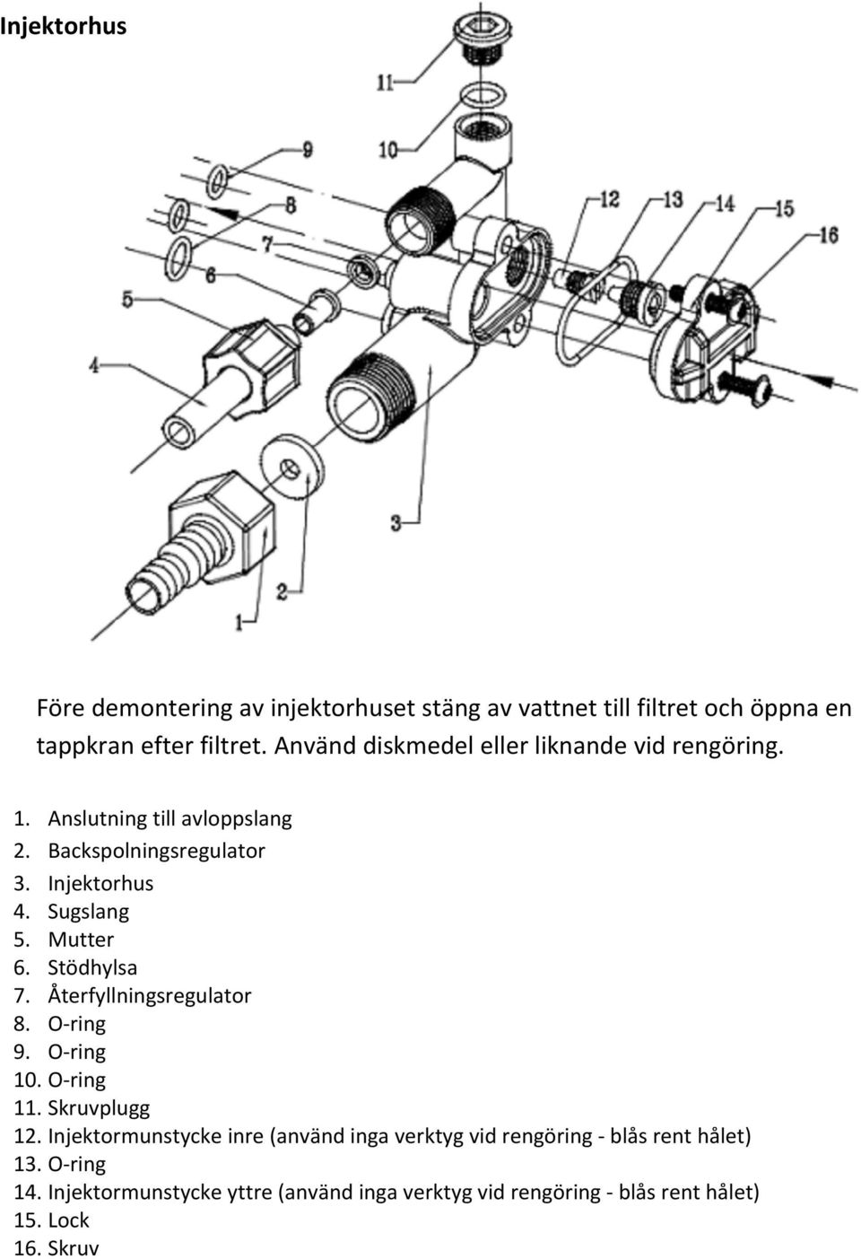 Sugslang 5. Mutter 6. Stödhylsa 7. Återfyllningsregulator 8. O ring 9. O ring 10. O ring 11. Skruvplugg 12.