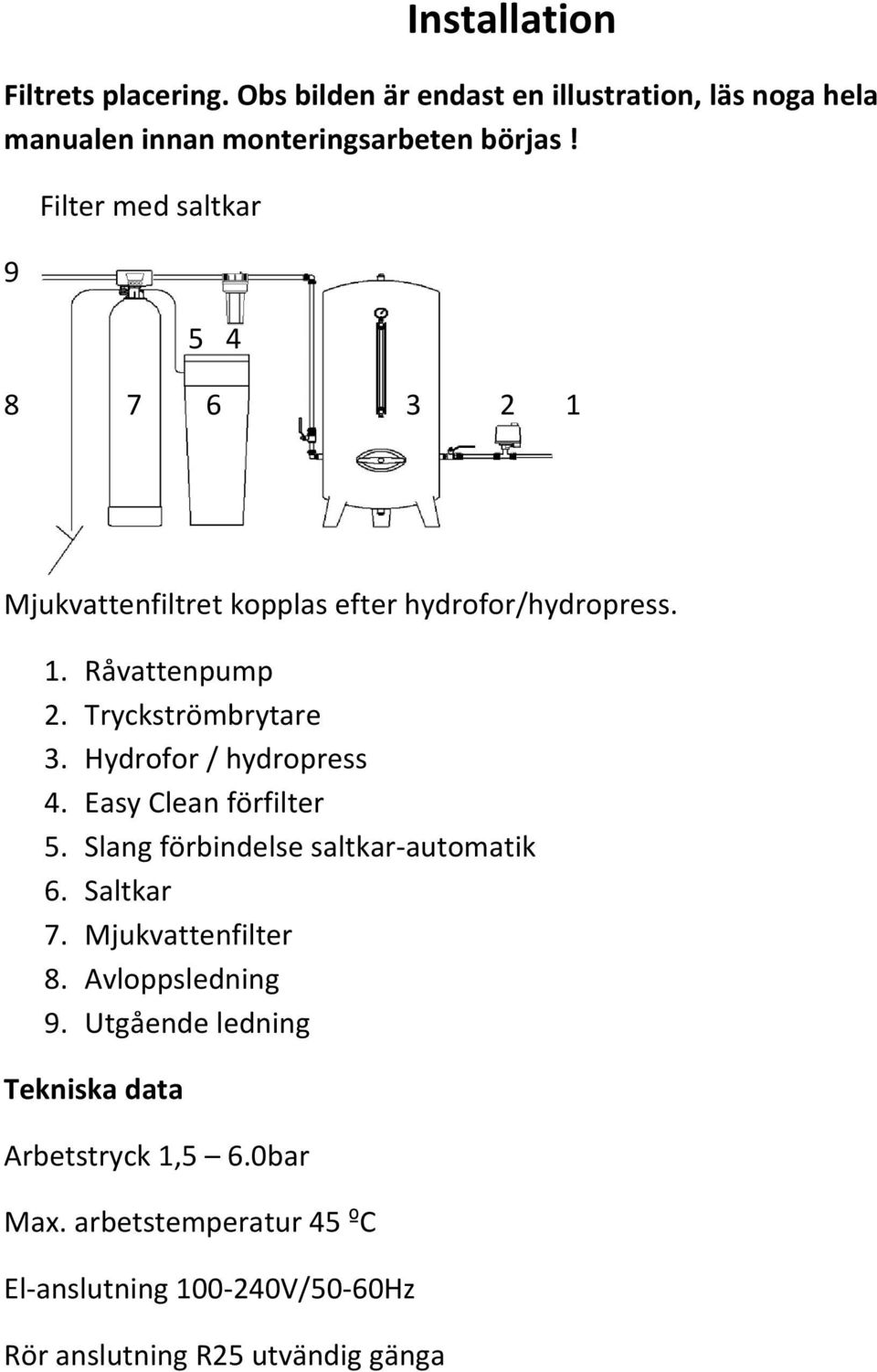 Hydrofor / hydropress 4. Easy Clean förfilter 5. Slang förbindelse saltkar automatik 6. Saltkar 7. Mjukvattenfilter 8.