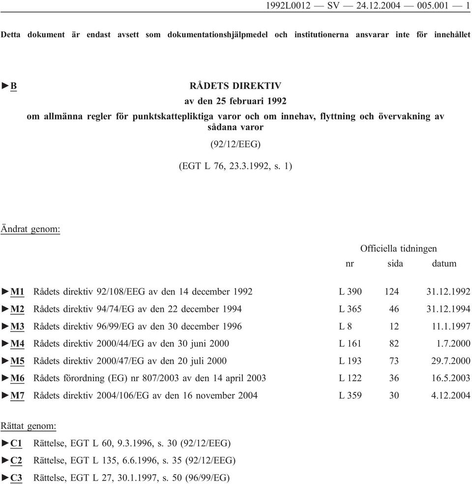 punktskattepliktiga varor och om innehav, flyttning och övervakning av sådana varor (92/12/EEG) (EGT L 76, 23.3.1992, s.