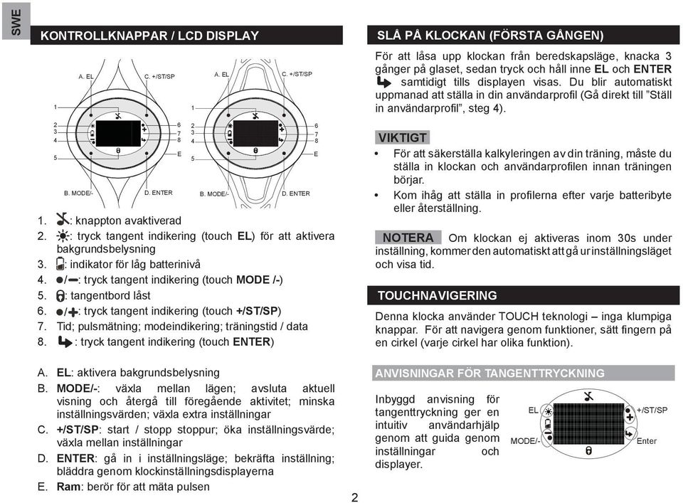 Du blir automatiskt uppmanad att ställa in din användarprofil (Gå direkt till Ställ in användarprofil, steg 4). 2 3 4 5 B. MODE/- D. ENTER 6 7 8 E 2 3 4 5 B. MODE/- D. ENTER 1.