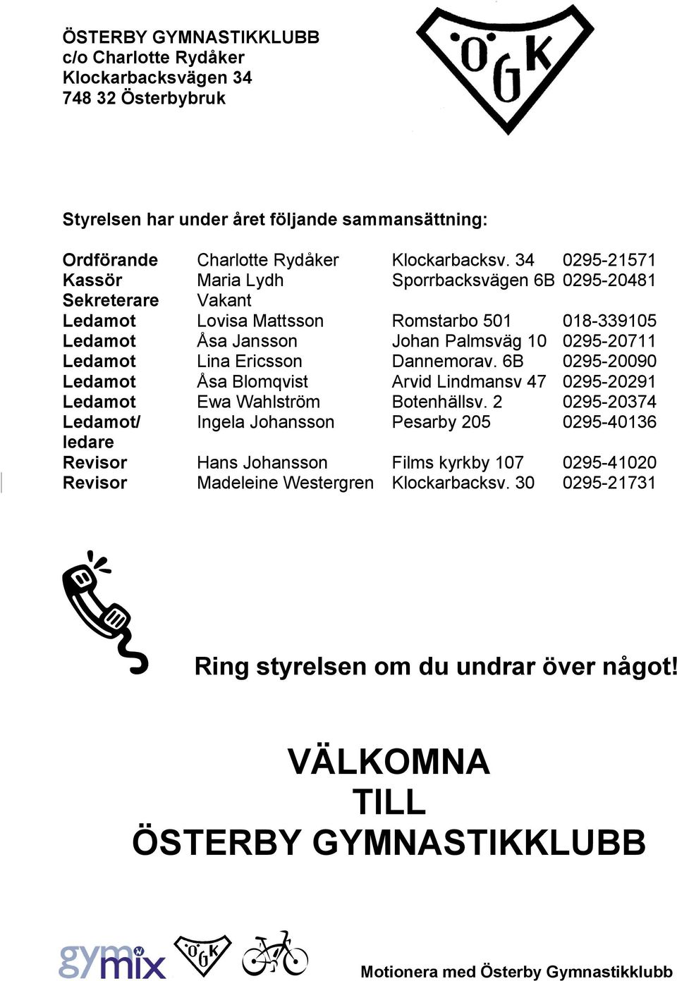 Lina Ericsson Dannemorav. 6B 0295-20090 Ledamot Åsa Blomqvist Arvid Lindmansv 47 0295-20291 Ledamot Ewa Wahlström Botenhällsv.