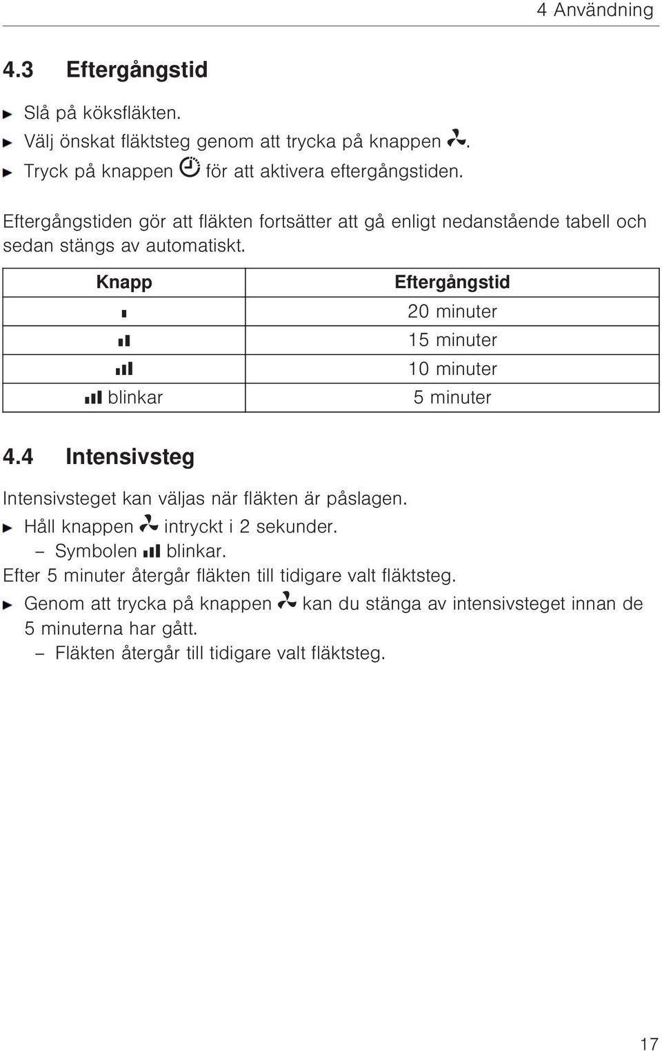 Knapp blinkar Eftergångstid 20 minuter 15 minuter 10 minuter 5 minuter 4.4 Intensivsteg Intensivsteget kan väljas när fläkten är påslagen.