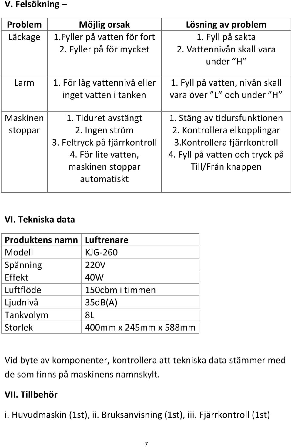 Fyll på vatten, nivån skall vara över L och under H 1. Stäng av tidursfunktionen 2. Kontrollera elkopplingar 3.Kontrollera fjärrkontroll 4. Fyll på vatten och tryck på Till/Från knappen VI.