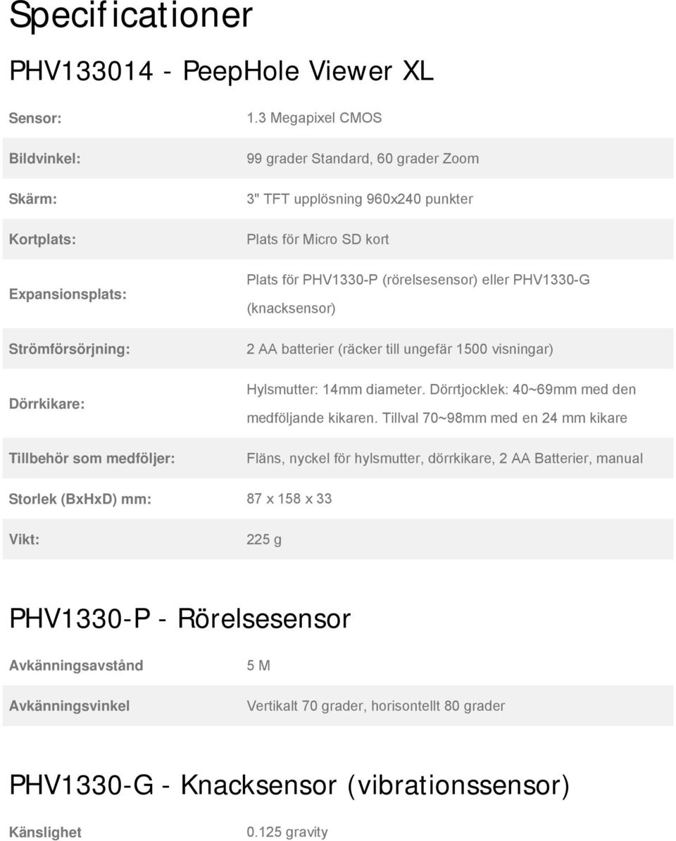 (räcker till ungefär 1500 visningar) Hylsmutter: 14mm diameter. Dörrtjocklek: 40~69mm med den medföljande kikaren.