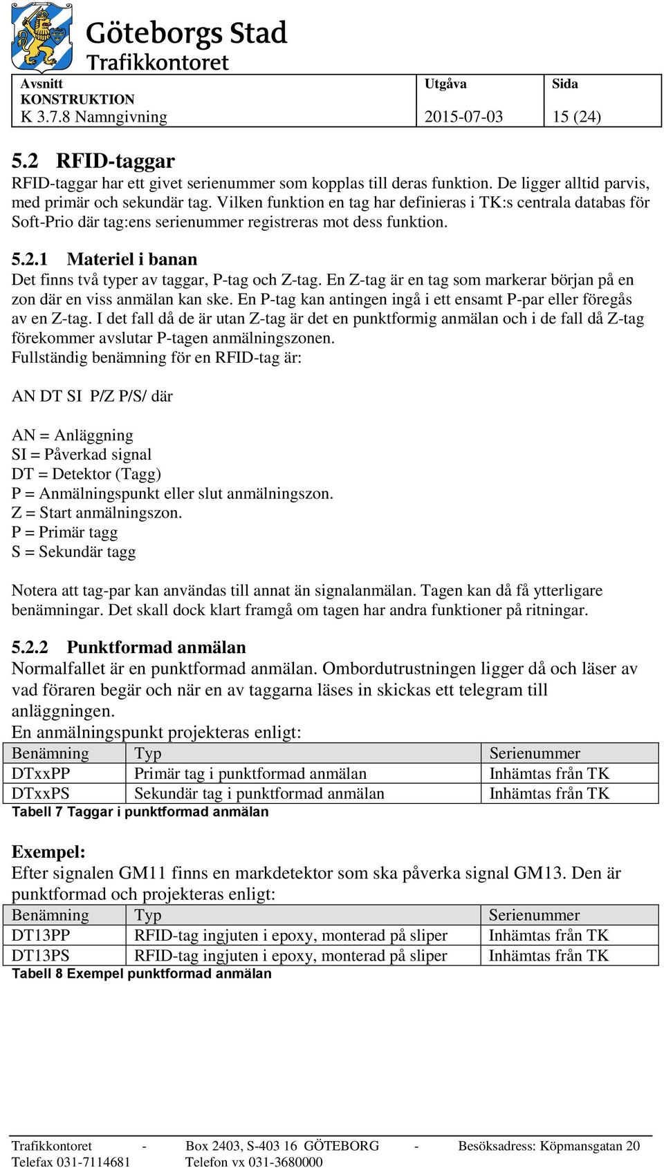 1 Materiel i banan Det finns två typer av taggar, P-tag och Z-tag. En Z-tag är en tag som markerar början på en zon där en viss anmälan kan ske.