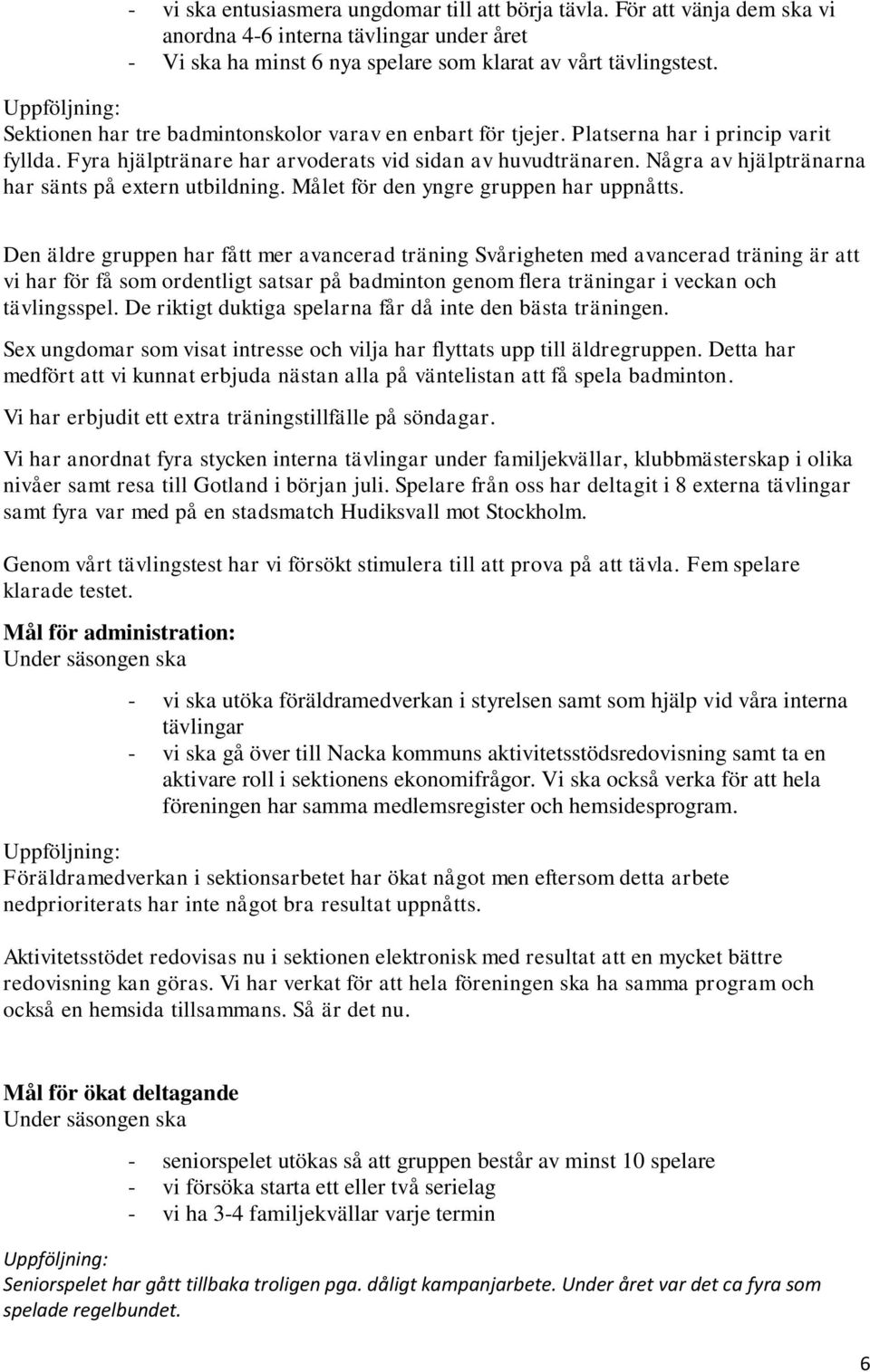 Några av hjälptränarna har sänts på extern utbildning. Målet för den yngre gruppen har uppnåtts.