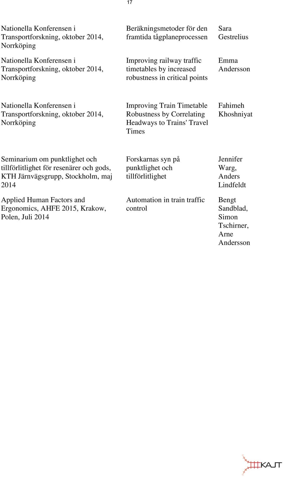 Timetable Robustness by Correlating Headways to Trains' Travel Times Fahimeh Khoshniyat Seminarium om punktlighet och tillförlitlighet för resenärer och gods, KTH Järnvägsgrupp, Stockholm, maj 2014