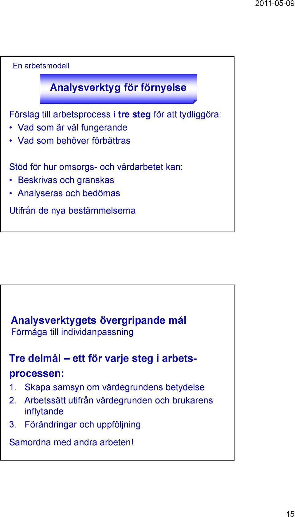 Analysverktygets övergripande mål Förmåga till individanpassning Tre delmål ett för varje steg i arbetsprocessen: 1.