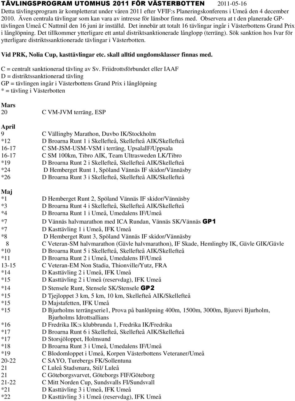 Det innebär att totalt 16 tävlingar ingår i Västerbottens Grand Prix i långlöpning. Det tillkommer ytterligare ett antal distriktsanktionerade långlopp (terräng).