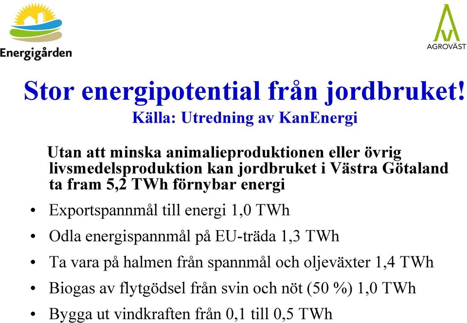 jordbruket i Västra Götaland ta fram 5,2 TWh förnybar energi Exportspannmål till energi 1,0 TWh Odla